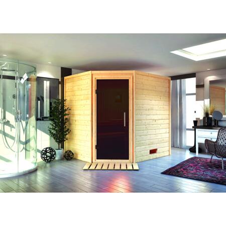 9. Bild von Massivholzsauna 'Mia' natur 4,5 kW Ofen mit integrierter Steuerung, graphitfarbene Glastür 196 x 170 x 198 cm