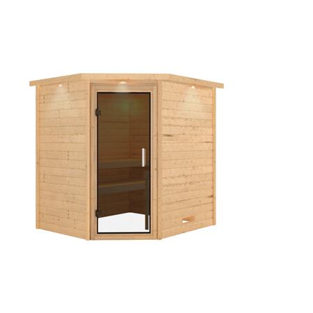 2. Bild von Massivholzsauna 'Mia' natur mit Kranz und graphitfarbener Glastür 224 x 184 x 202 cm
