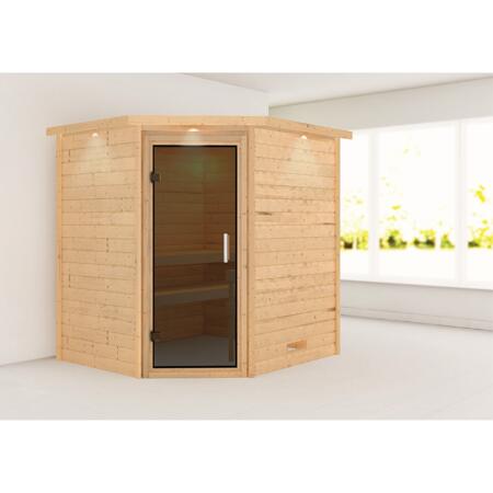 3. Bild von Massivholzsauna 'Mia' natur mit Kranz und graphitfarbener Glastür 224 x 184 x 202 cm