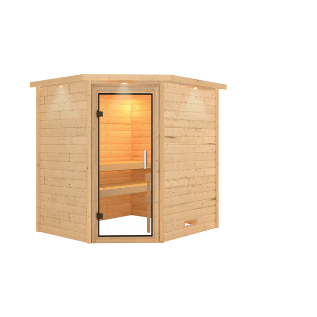 Bild von Massivholzsauna 'Mia' natur mit Kranz und Glastür 224 x 184 x 202 cm