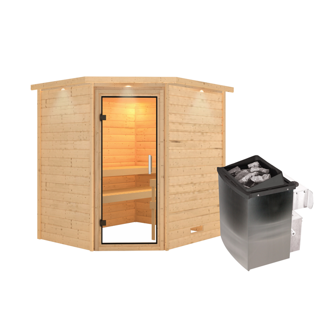Bild von Massivholzsauna 'Mia' natur 4,5 kW Ofen mit integrierter Steuerung, Kranz, Glastür 224 x 184 x 202 cm
