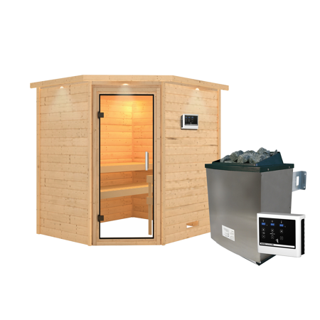 Bild von Massivholzsauna 'Mia' natur 4,5 kW Ofen, Steuerung Easy, Kranz, Glastür 224 x 184 x 202 cm