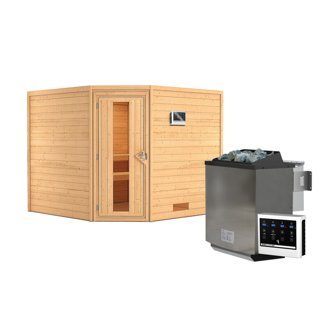 Bild von Massivholzsauna 'Leona' natur 9 kW Bio-Ofen, Steuerung Easy, Energiespartür 231 x 231 x 198 cm
