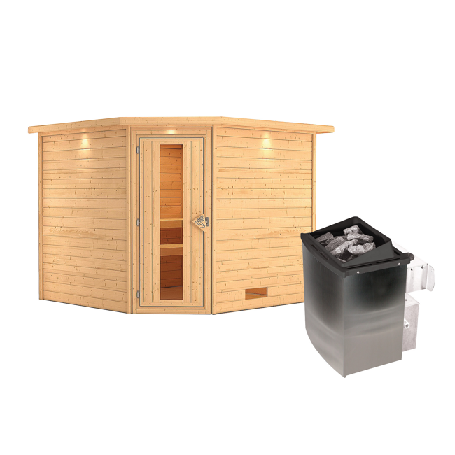 Bild von Massivholzsauna 'Leona' natur 9 kW Ofen mit integrierter Steuerung, Energiespartür, Kranz 259 x 245 x 202 cm