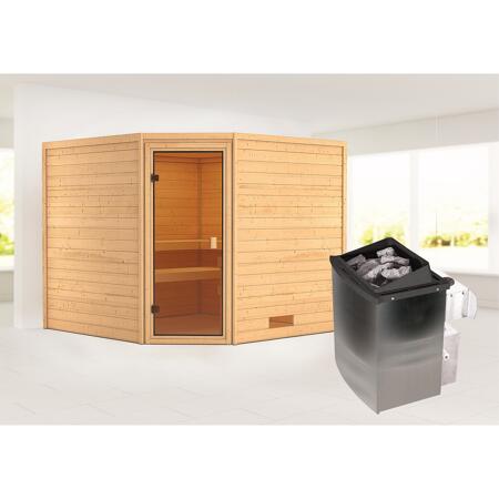 3. Bild von Massivholzsauna 'Leona' natur 9 kW Ofen mit integrierter Steuerung, bronzierte Glastür 231 x 231 x 198 cm