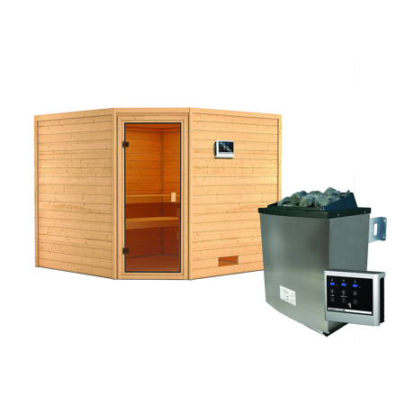 Bild von Massivholzsauna 'Leona' natur 9 kW Ofen, Steuerung Easy, bronzierte Glastür 231 x 231 x 198 cm