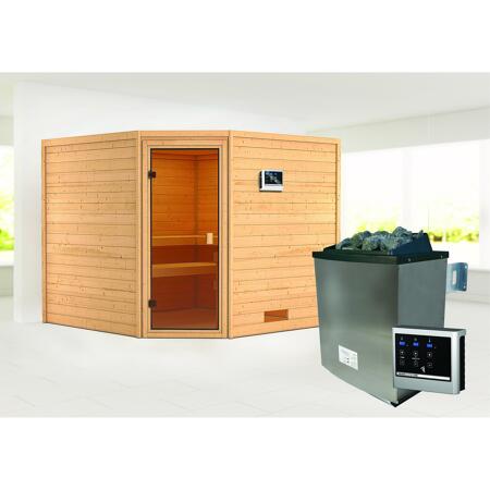 3. Bild von Massivholzsauna 'Leona' natur 9 kW Ofen, Steuerung Easy, bronzierte Glastür 231 x 231 x 198 cm