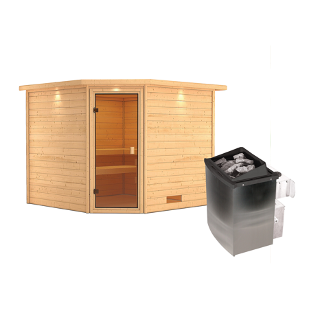 Bild von Massivholzsauna 'Leona' natur 9 kW Ofen mit integrierter Steuerung, bronzierte Glastür, Kranz 259 x 245 x 202 cm