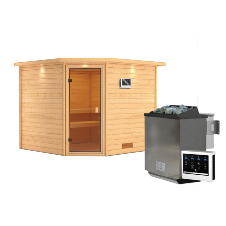Bild von Massivholzsauna 'Leona' natur 9 kW Bio-Ofen, Steuerung Easy, Kranz, bronzierte Glastür 259 x 245 x 202 cm