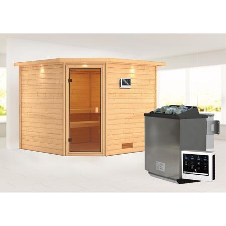 3. Bild von Massivholzsauna 'Leona' natur 9 kW Bio-Ofen, Steuerung Easy, Kranz, bronzierte Glastür 259 x 245 x 202 cm