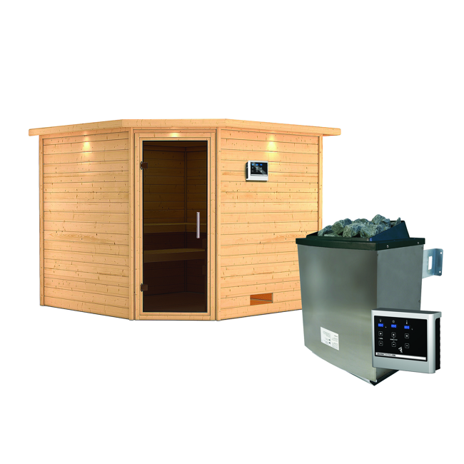 Bild von Massivholzsauna 'Leona' natur 9 kW Ofen, Steuerung Easy, Kranz, graphitfarbende Glastür 259 x 245 x 202 cm