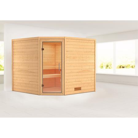 3. Bild von Massivholzsauna 'Leona' natur mit Klarglastür 231 x 231 x 198 cm