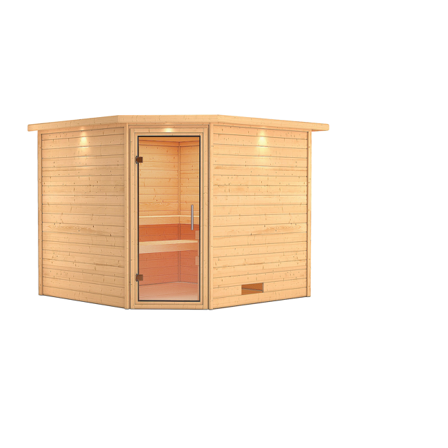 Bild von Massivholzsauna 'Leona' natur mit Klarglastür und Kranz 259 x 245 x 202 cm