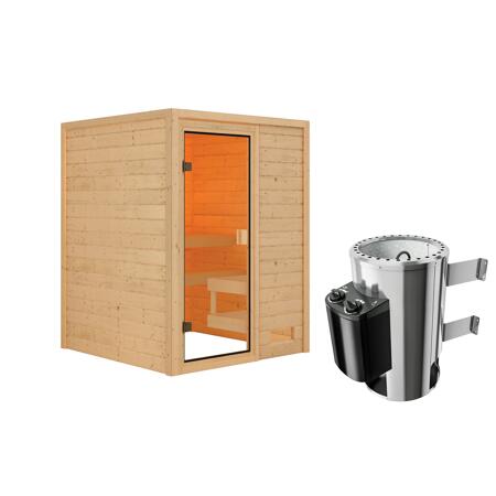 Bild von Massivholzsauna 'Sandra' natur 3,6 kW Plug & Play Ofen mit integrierter Steuerung 145 x 145 x 187 cm