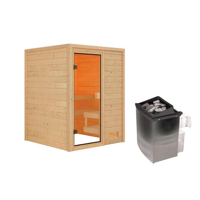 Bild von Massivholzsauna 'Sandra' natur 4,5 kW Ofen mit integrierter Steuerung 145 x 145 x 187 cm
