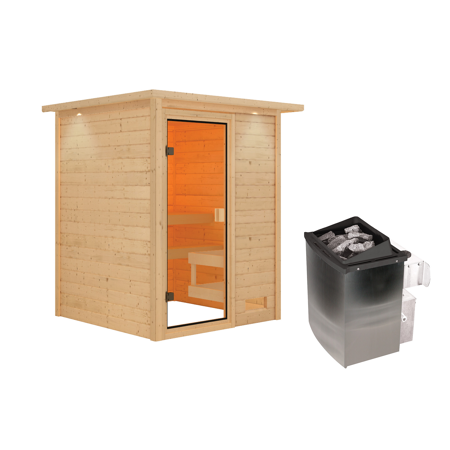 Bild von Massivholzsauna 'Sandra' natur 4,5 kW Ofen mit integrierter Steuerung, Kranz 173 x 159 x 191 cm