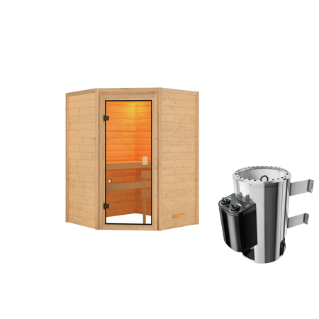 Bild von Massivholzsauna 'Antonia' natur 3,6 kW Ofen, Glastür 145 x 145 x 187