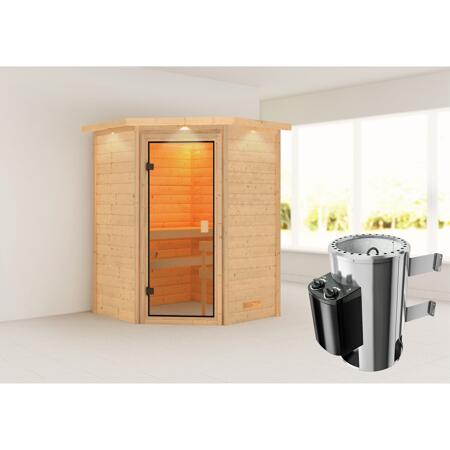 3. Bild von Massivholzsauna 'Antonia' natur 3,6 kW Ofen, Kranz, Glastür 173 x 159 x 191 cm