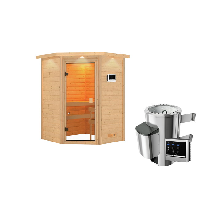Bild von Massivholzsauna 'Antonia' natur 3,6 kW Ofen, Steuerung Easy, Kranz, Glastür 173 x 159 x 191 cm