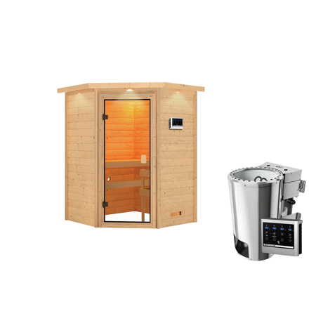 Bild von Massivholzsauna 'Antonia' natur 3,6 kW Bio-Ofen, Steuerung Easy, Kranz, Glastür 173 x 159 x 191 cm
