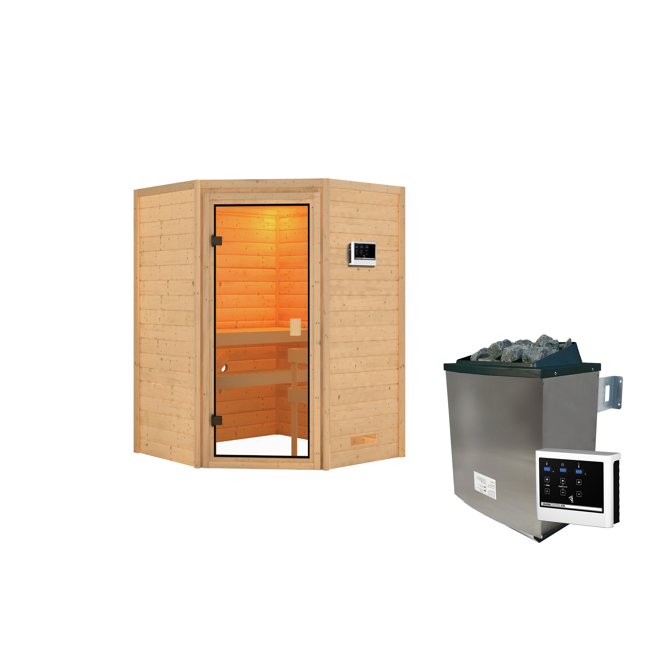 Bild von Massivholzsauna 'Antonia' natur 4,5 kW Ofen, Steuerung Easy, Glastür 145 x 145 x 187