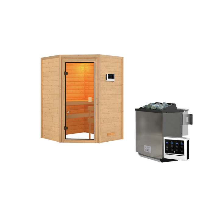 Bild von Massivholzsauna 'Antonia' natur 4,5 kW Bio-Ofen, Steuerung Easy, Glastür 145 x 145 x 187