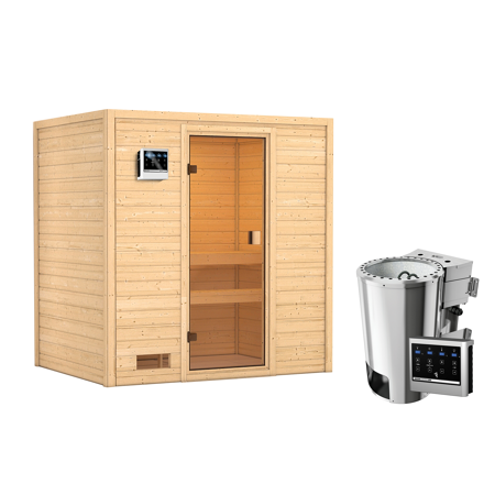 Bild von Massivholzsauna 'Selena' natur 3,6 kW Plug & Play Bio-Ofen, Steuerung Easy, Glastür 195 x 145 x 187 cm