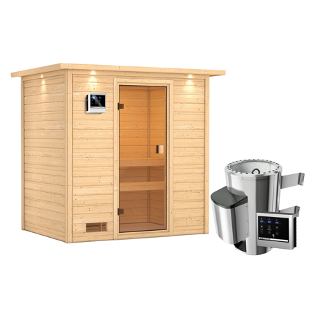 Bild von Massivholzsauna 'Selena' natur 3,6 kW Plug & Play Ofen, Steuerung Easy, Glastür, Kranz 223 x 159 x 191 cm