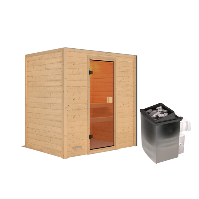 Bild von Massivholzsauna 'Selena' natur 4,5 kW Ofen mit integrierter Steuerung, Glastür 195 x 145 x 187 cm