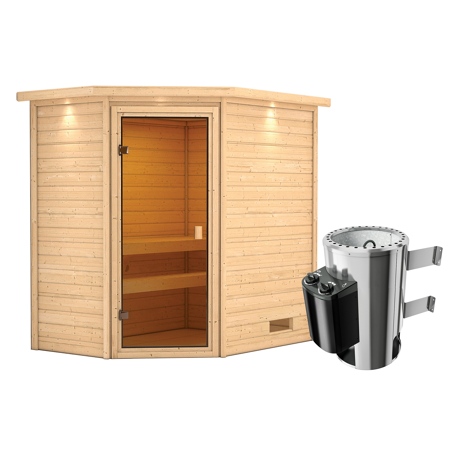 Bild von Massivholzsauna 'Jella' natur 3,6 kW Plug & Play Ofen mit integrierter Steuerung, Kranz 223 x 159 x 191 cm