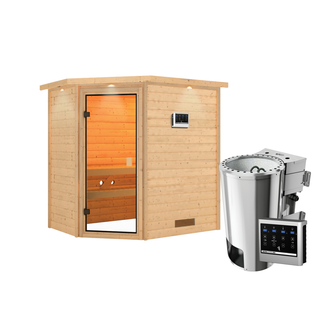 Bild von Massivholzsauna 'Jella' natur 3,6 kW Plug & Play Bio-Kombiofen mit Steuergerät Easy, Kranz 223 x 159 x 191 cm