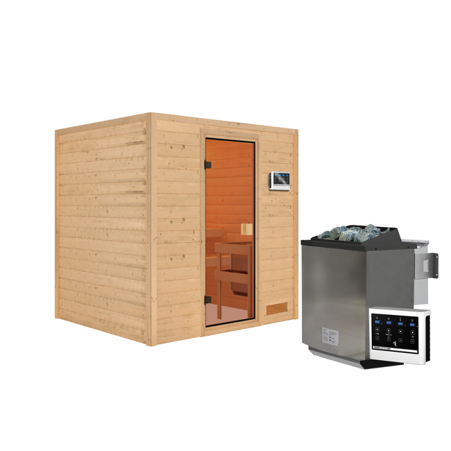 Bild von Massivholzsauna 'Adelina' natur 4,5 kW Bio-Ofenset, Steuerung Easy, Glastür 195 x 169 x 187 cm