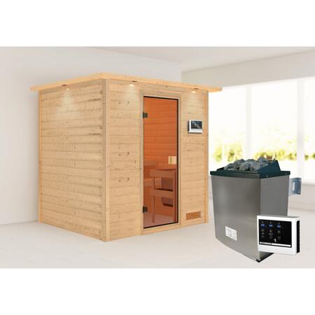 3. Bild von Massivholzsauna 'Adelina' natur 4,5 kW Ofenset, Steuerung Easy, Kranz, Glastür 223 x 183 x 191 cm