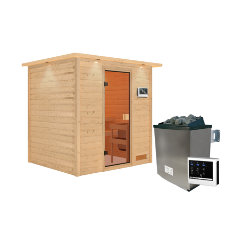Bild von Massivholzsauna 'Adelina' natur 4,5 kW Ofenset, Steuerung Easy, Kranz, Glastür 223 x 183 x 191 cm