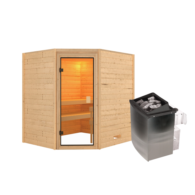 Bild von Massivholzsauna 'Elea' natur 4,5 kW Ofen mit integrierter Steuerung, Glastür 195 x 169 x 187 cm