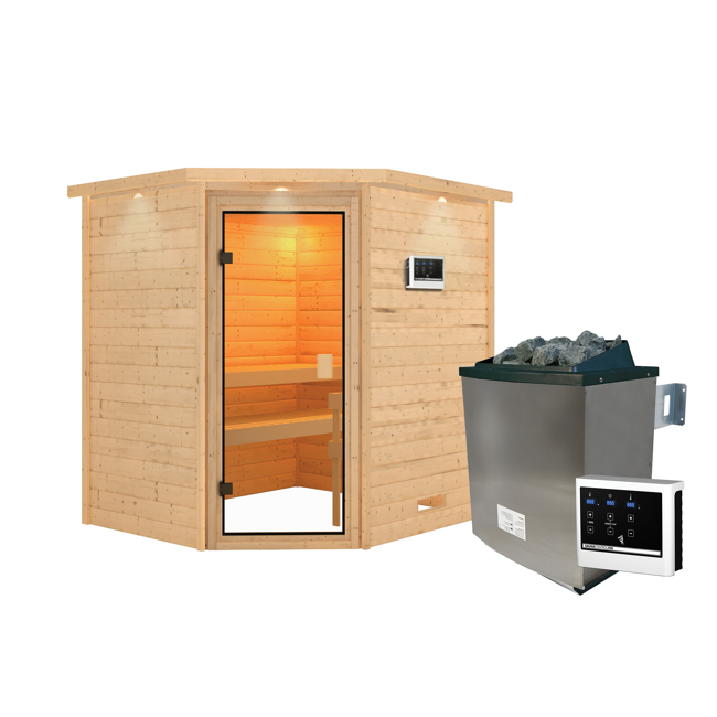 Bild von Massivholzsauna 'Elea' natur 4,5 kW Ofen, Steuerung Easy, Glastür, Kranz 223 x 183 x 191 cm