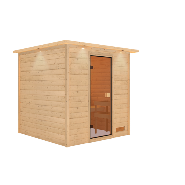 Bild von Massivholzsauna 'Jara' natur Kranz, bronzierte Glastür 223 x 209 x 191 cm