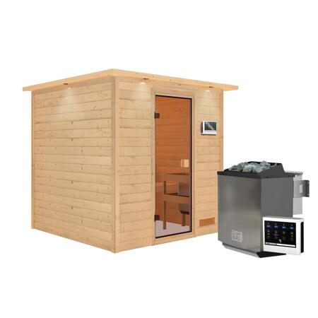 Bild von Massivholzsauna 'Jara' natur 4,5 kW Bio-Ofen, Steuerung Easy, Kranz 223 x 209 x 191 cm