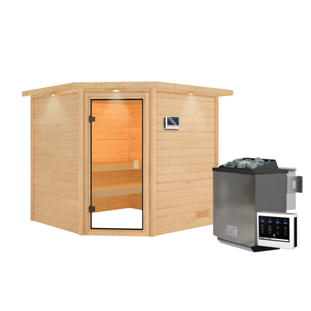 Bild von Massivholzsauna 'Tilda' natur 4,5 kW Bio-Ofen, Steuerung Easy, Kranz 223 x 209 x 191 cm