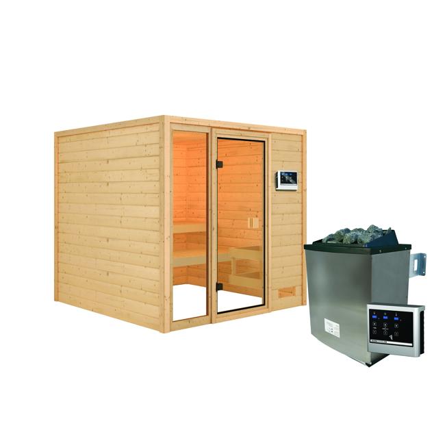 Bild von Massivholzsauna 'Jutta' natur 9 kW Ofen, Steuerung Easy, bodentiefes Fenster 196 x 196 x 187 cm