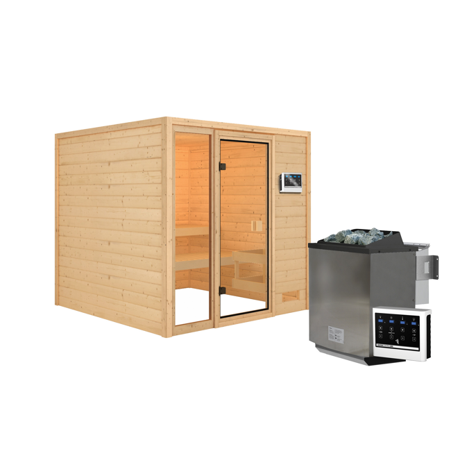 Bild von Massivholzsauna 'Jutta' natur 9 kW Bio-Ofen, Steuerung Easy, bodentiefes Fenster 196 x 196 x 187 cm