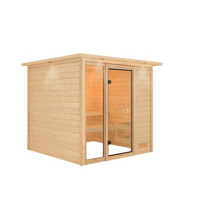 2. Bild von Massivholzsauna 'Jutta' natur bodentiefes Fenster, bronzierte Glastür, Kranz 196 x 196 x 187 cm