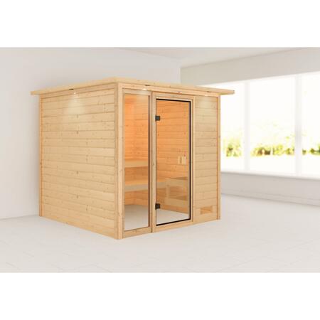 3. Bild von Massivholzsauna 'Jutta' natur bodentiefes Fenster, bronzierte Glastür, Kranz 196 x 196 x 187 cm