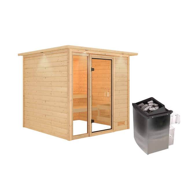 Bild von Massivholzsauna 'Jutta' natur 9 kW Ofen mit integrierter Steuerung, bodentiefes Fenster, Kranz 196 x 196 x 187 cm