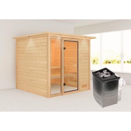 3. Bild von Massivholzsauna 'Jutta' natur 9 kW Ofen mit integrierter Steuerung, bodentiefes Fenster, Kranz 196 x 196 x 187 cm