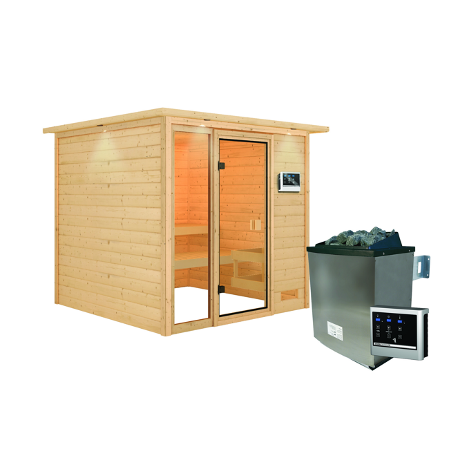Bild von Massivholzsauna 'Jutta' natur 9 kW Ofen, Steuerung Easy, bodentiefes Fenster, Kranz 196 x 196 x 187 cm