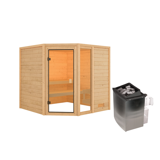 Bild von Massivholzsauna 'Tabea' natur 9 kW Ofen mit integrierter Steuerung, Glastür, Fenster 196 x 196 x 187 cm