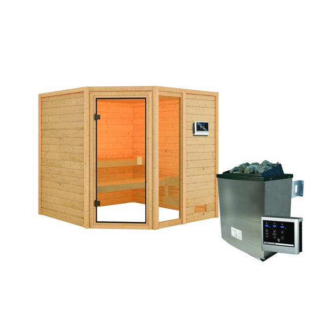 Bild von Massivholzsauna 'Tabea' natur 9 kW Ofen, Steuerung Easy, Glastür, Fenster 196 x 196 x 187 cm
