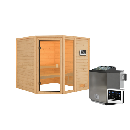 Bild von Massivholzsauna 'Tabea' natur 9 kW Bio-Kombiofen, Steuerung Easy, Glastür, Fenster 196 x 196 x 187 cm