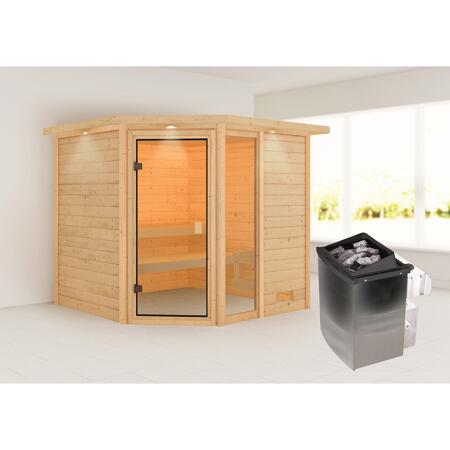 3. Bild von Massivholzsauna 'Tabea' natur 9 kW Ofen mit integrierter Steuerung, Glastür, Fenster, Kranz 224 x 210 x 191 cm